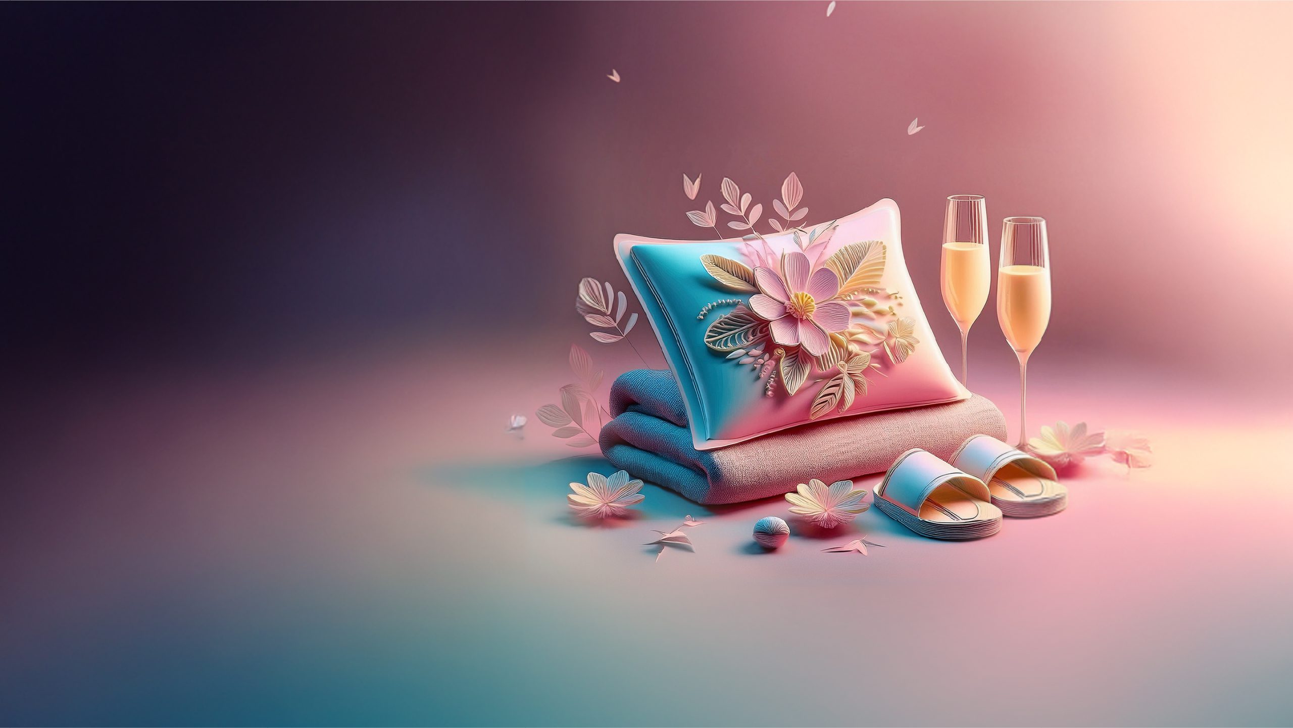 Illustration, die Kissen, zusammengelegte Decke, Slipper und Sektgläser als typische Symbole für das Hotelfach zeigt